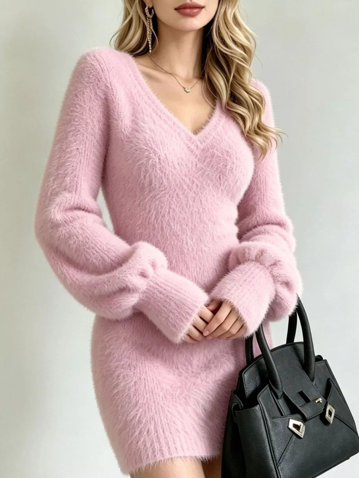 V-Neck Fuzzy Knit Sweater Dress - Lilixa.store