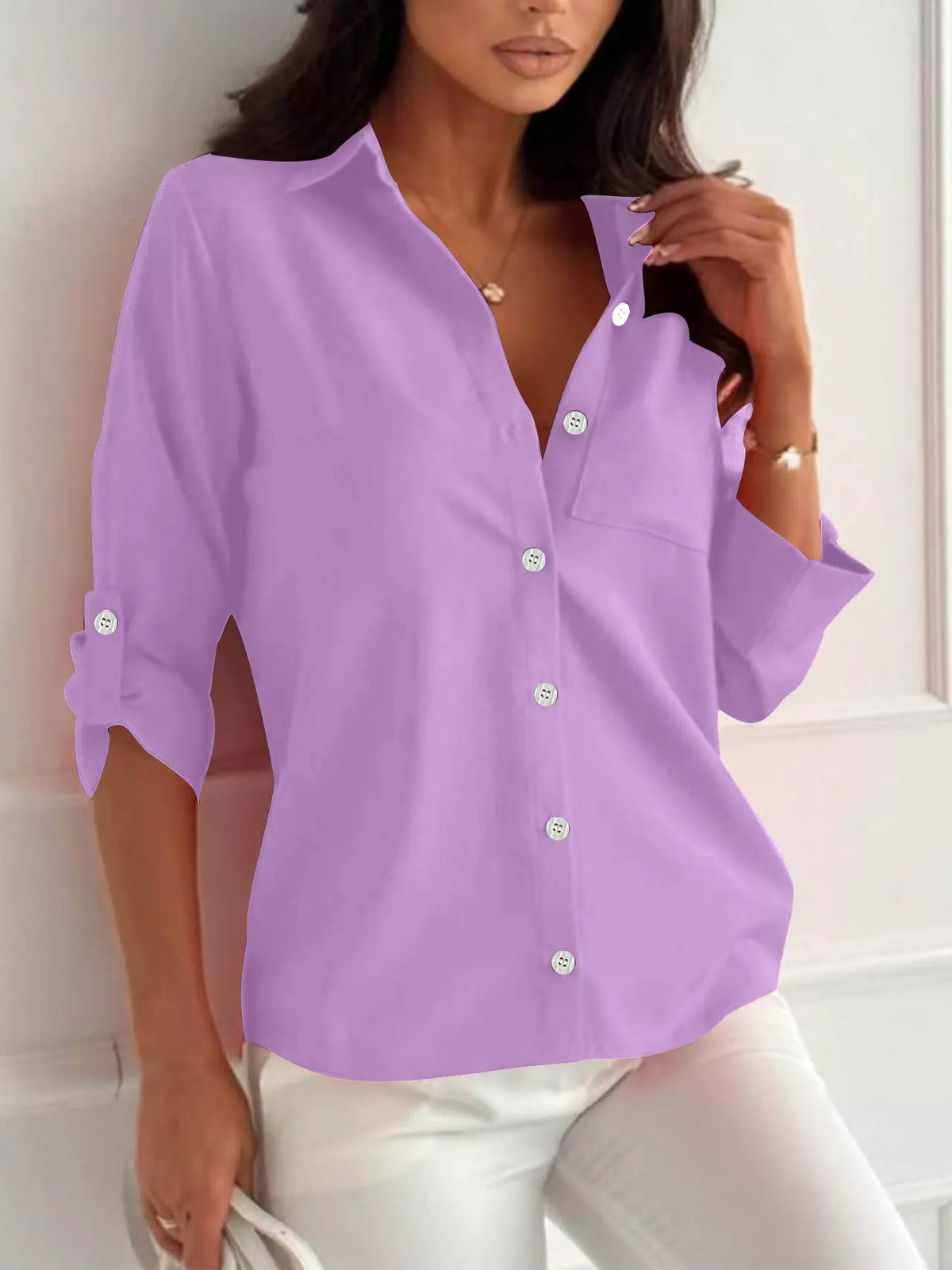 Button-Down Roll-Up Sleeve Shirt in Purple