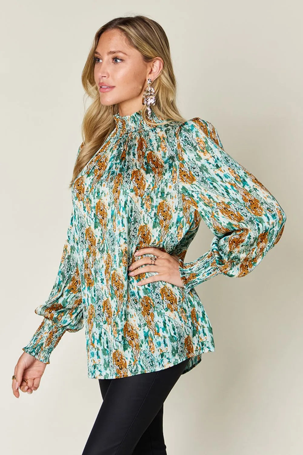 Double Take Full Size Printed Smocked Long Sleeve Blouse - Lilixa.store