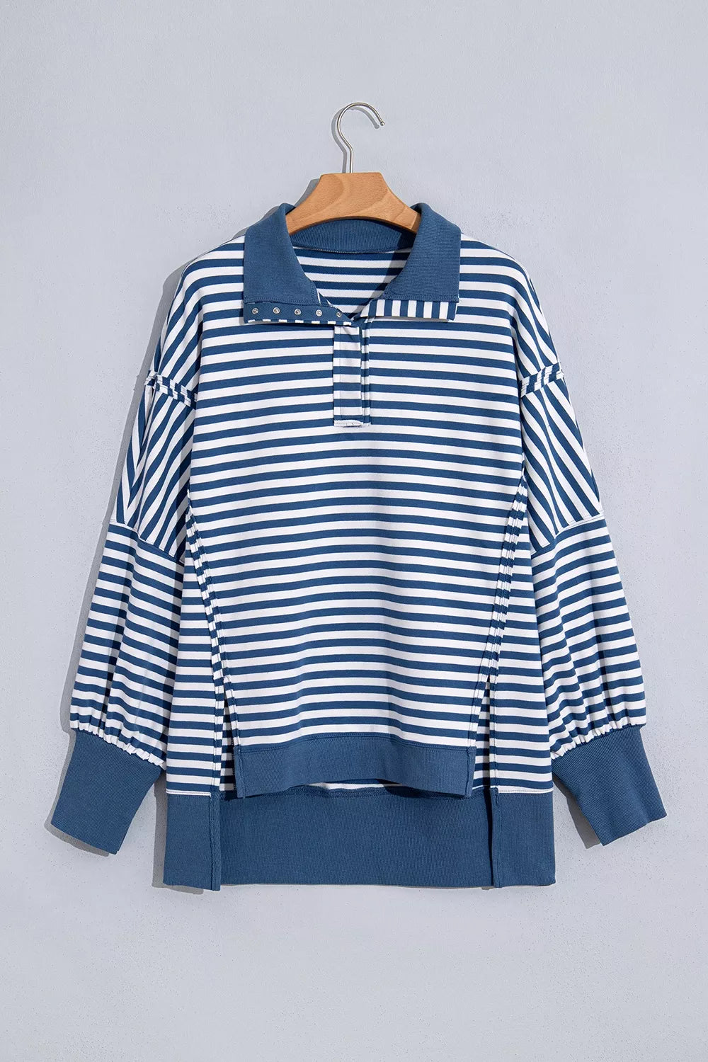 Stripe Color Block Trim Raw Seam Split Hem Loose Sweatshirt - Lilixa.store