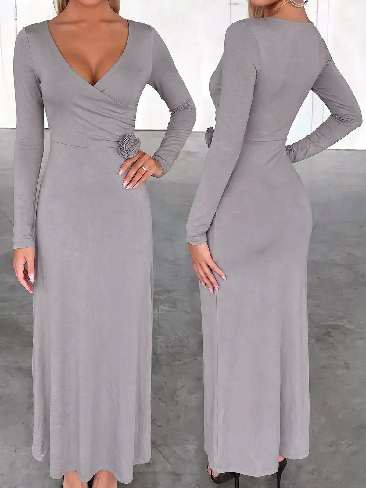 Surplice Long Sleeve Midi Dress - Lilixa.store