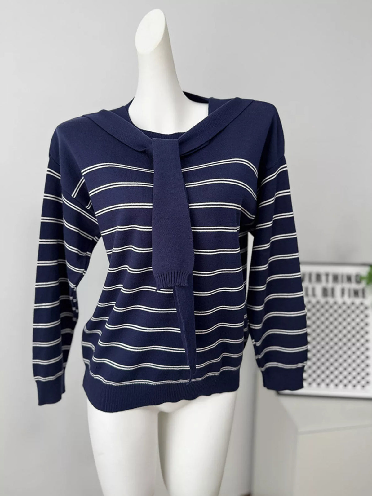 Classic Striped Crewneck Knit Top with Layered Sweater Detail, view 14