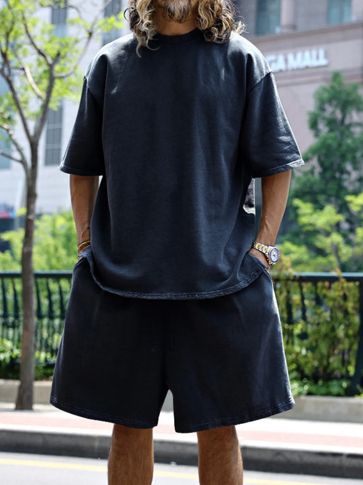 Men's Full Size Round Neck Short Sleeve Top and Shorts Set Plus Size in Navy Blue