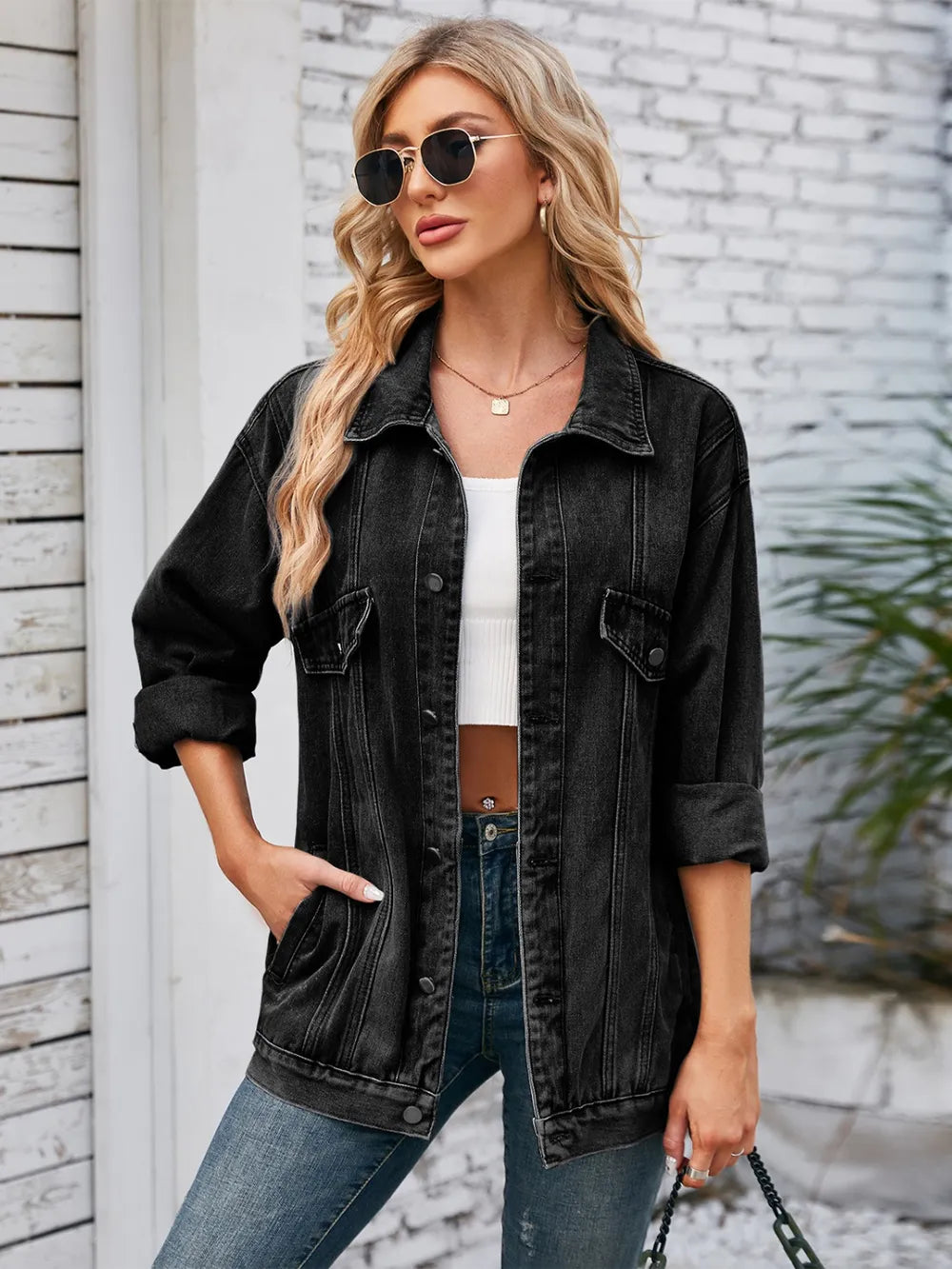 Button Up Long Sleeve Denim Jacket in Black
