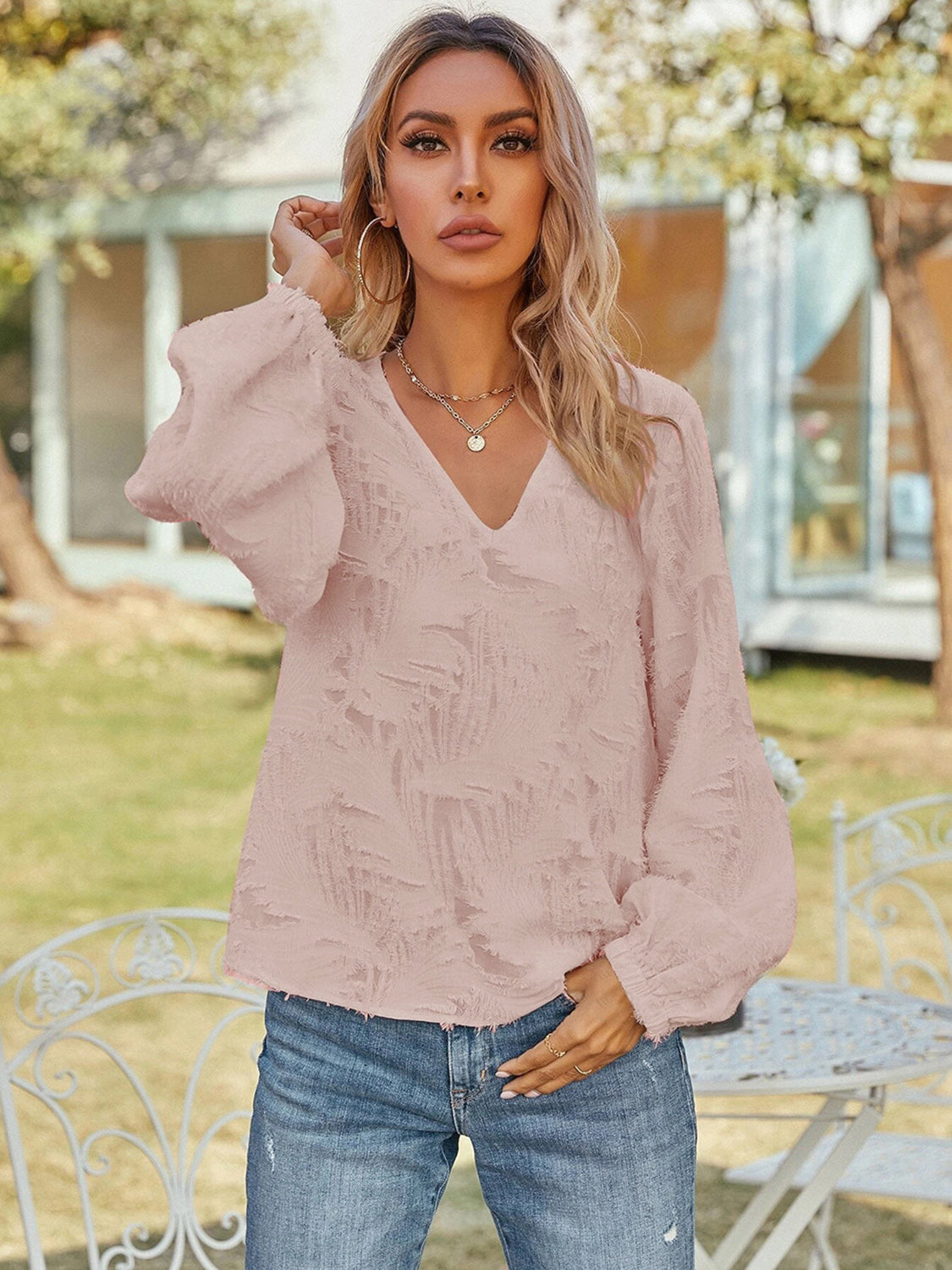 V-Neck Long Sleeve Blouse, view 5