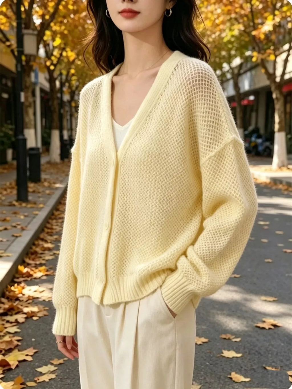 V-Neck Open-Knit Button-Down Cardigan - Lilixa.store