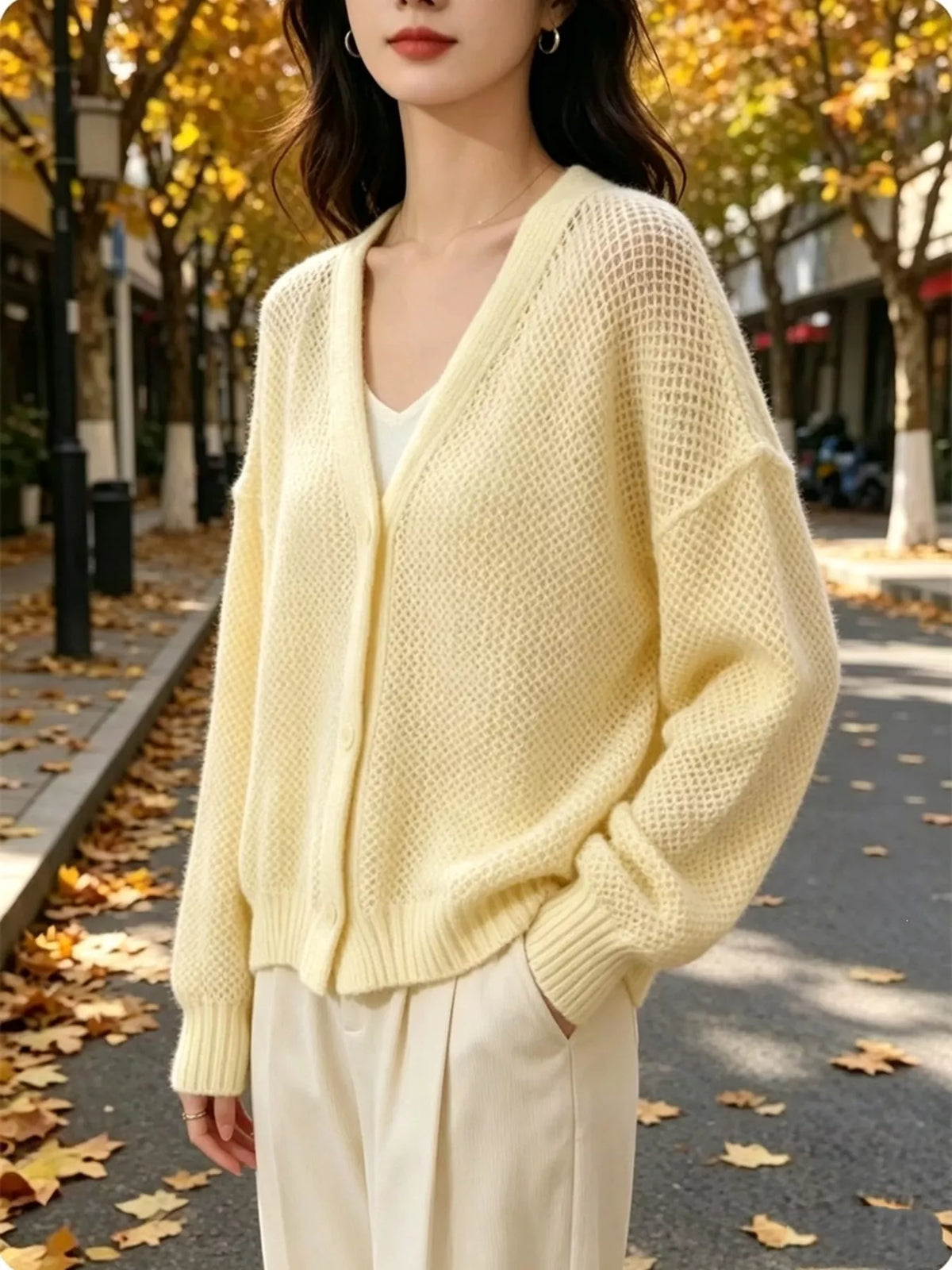 V-Neck Open-Knit Button-Down Cardigan - Lilixa.store