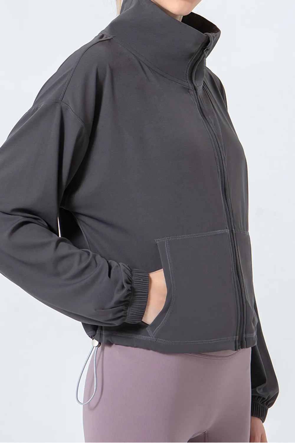 Drawstring Zip Up Dropped Shoulder Active Outerwear - Lilixa.store