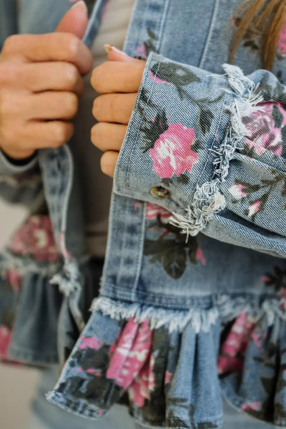 Floral Print Denim Jacket with Ruffled Hem in Light Blue, view 7