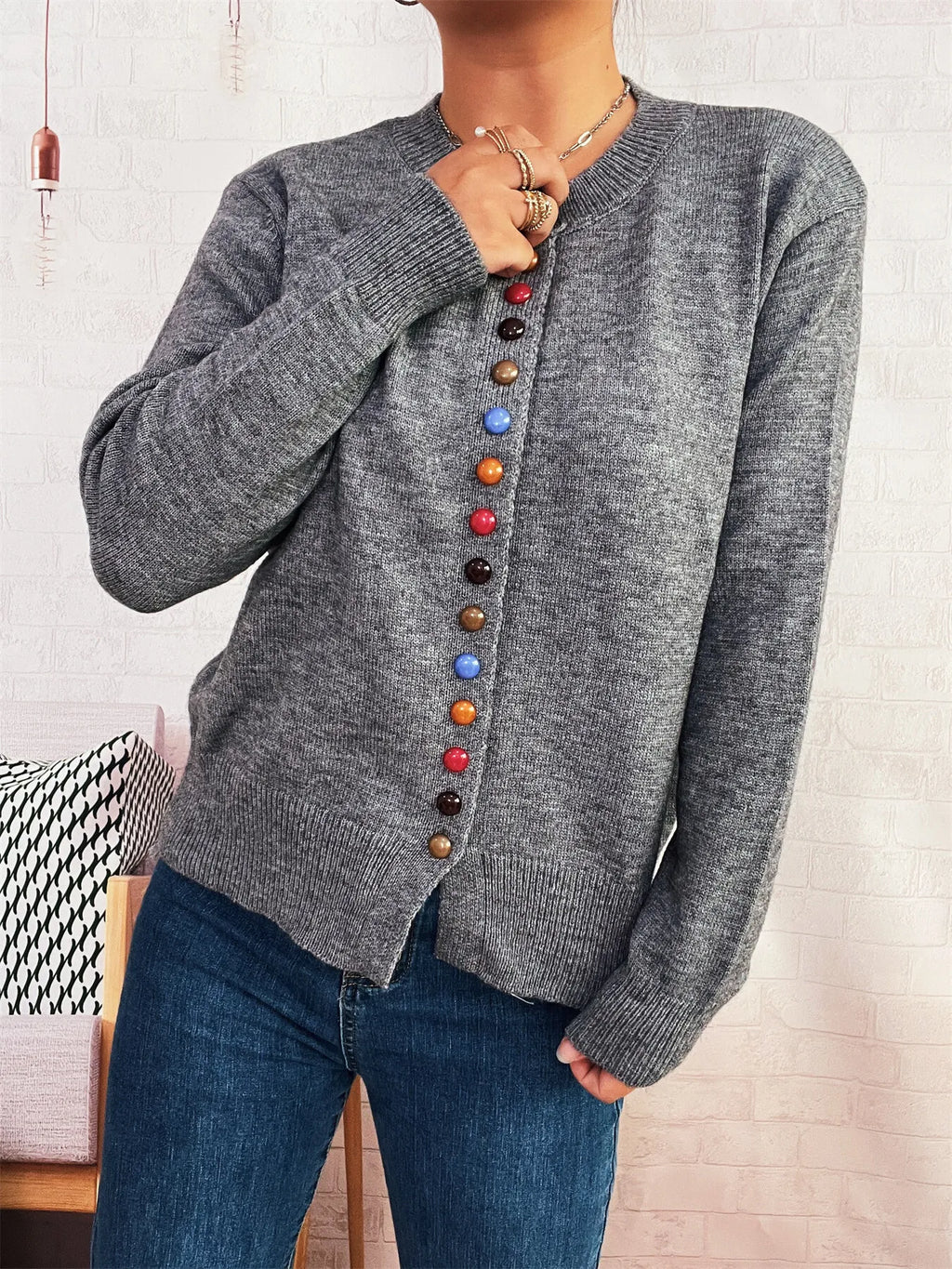 Button-Front Cardigan with Colorful Detail Buttons - Lilixa.store