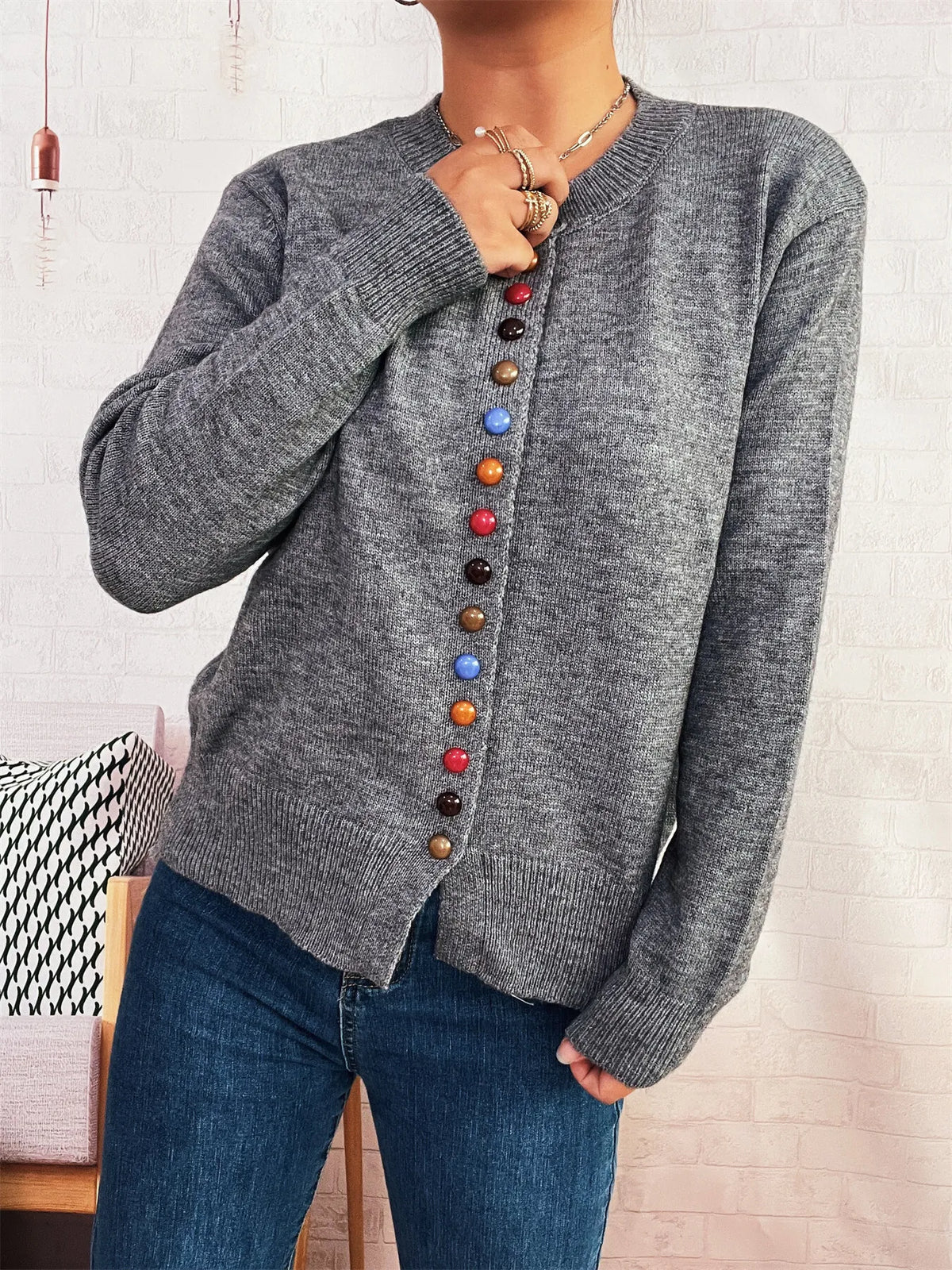Button-Front Cardigan with Colorful Detail Buttons - Lilixa.store