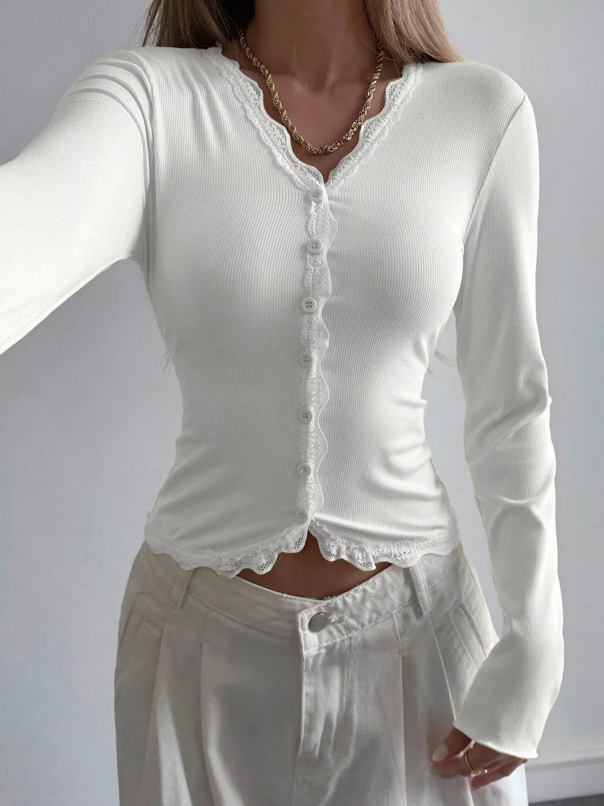 Lace Trim V-Neck Ribbed Long Sleeve Blouse, view 4