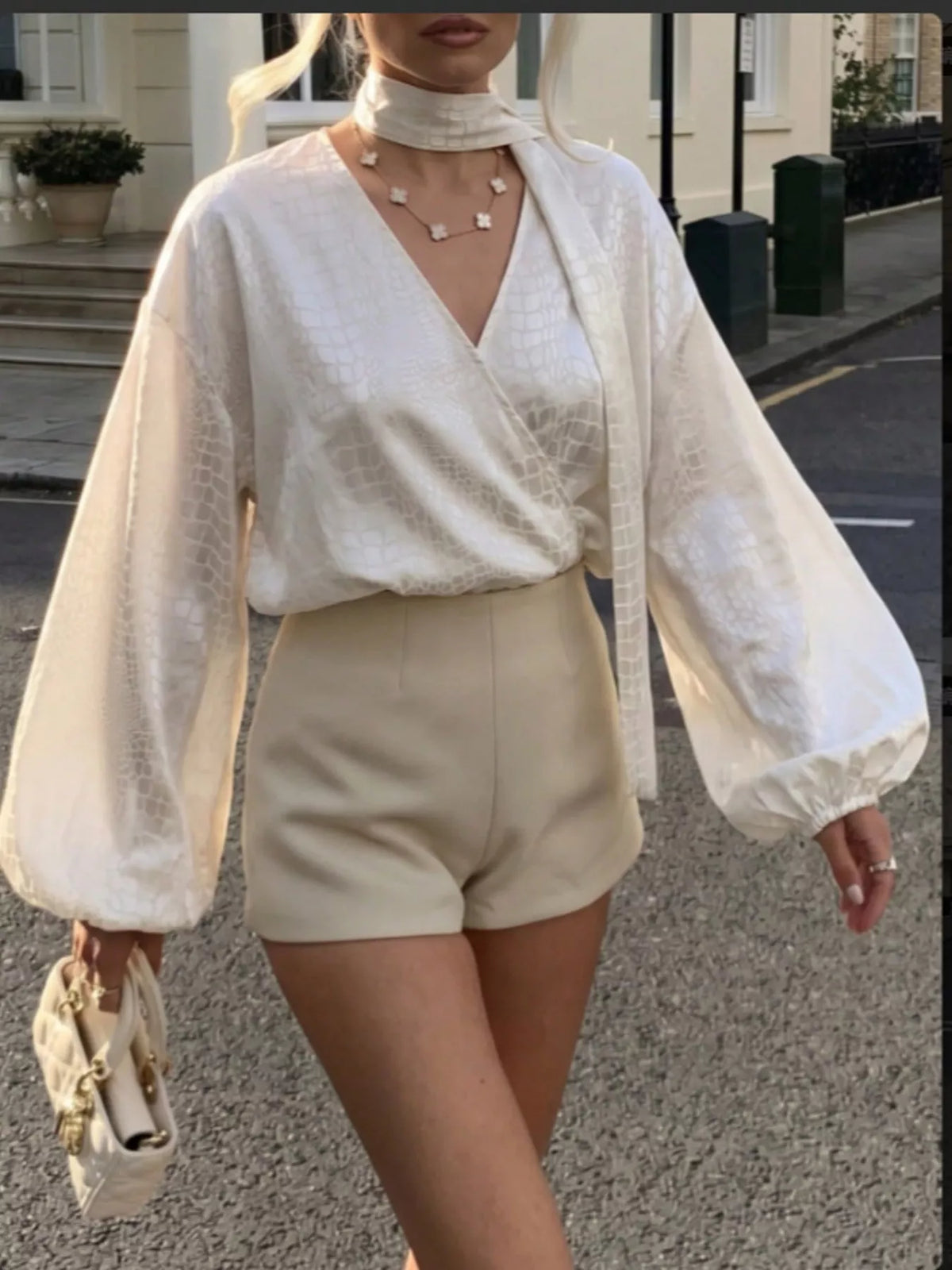 Crocodile-Embossed Surplice Balloon Sleeve Blouse in Beige, view 5