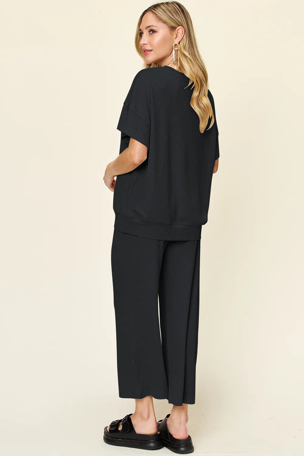 Double Take Full Size Texture Round Neck Short Sleeve T-Shirt and Wide Leg Pants, view 17