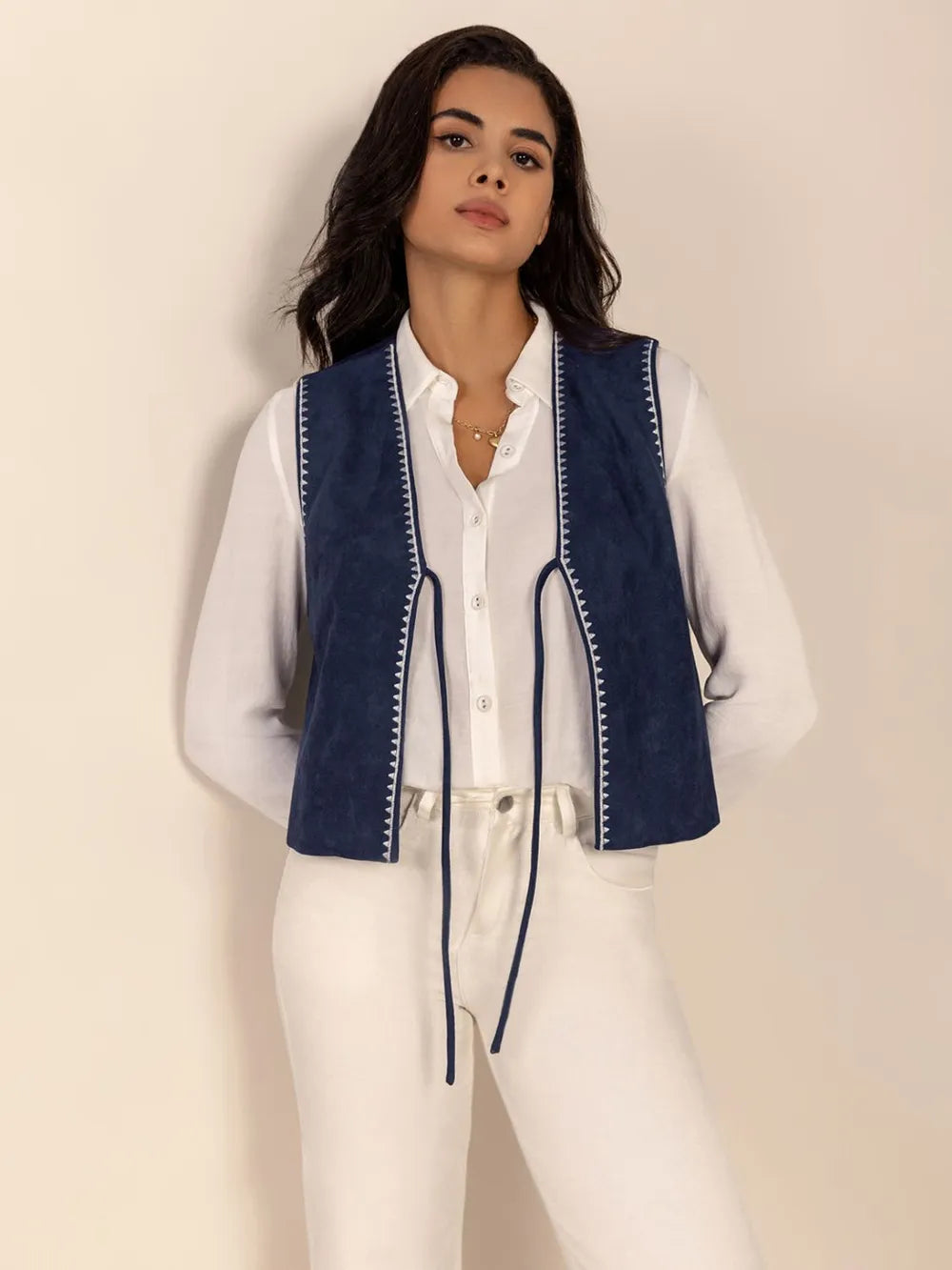 Tied Contrast Trim Vest - Lilixa.store
