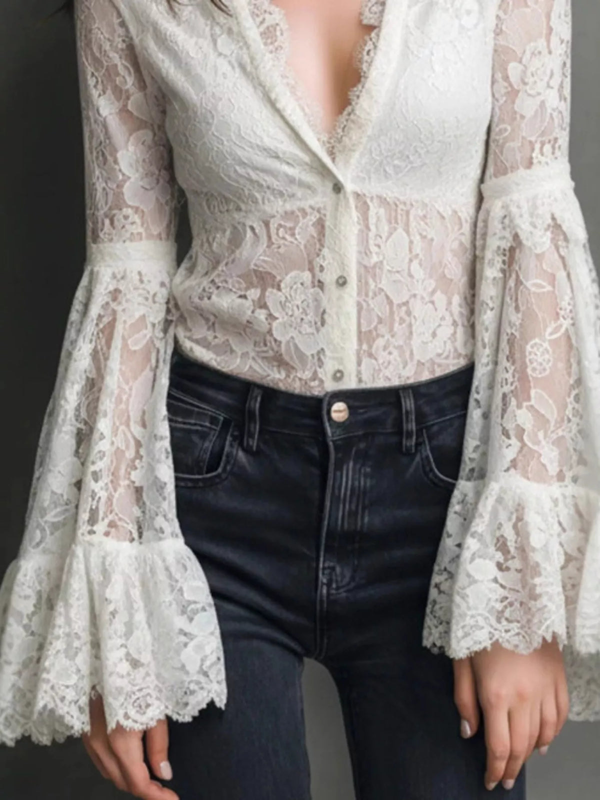 Full Size Lace Flare Sleeve Blouse Plus Size - Lilixa.store