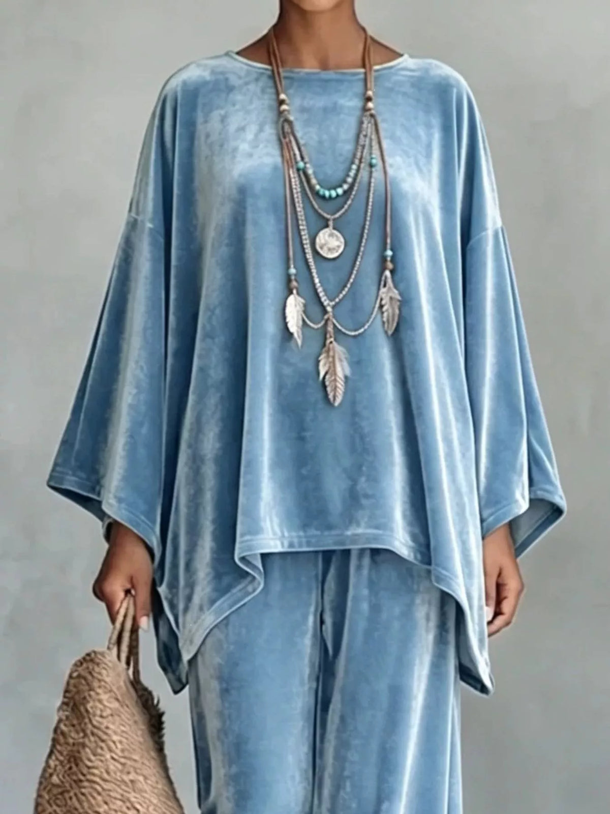 Full Size Asymmetrical Top and Wide Leg Pants Set Plus Size, view 6