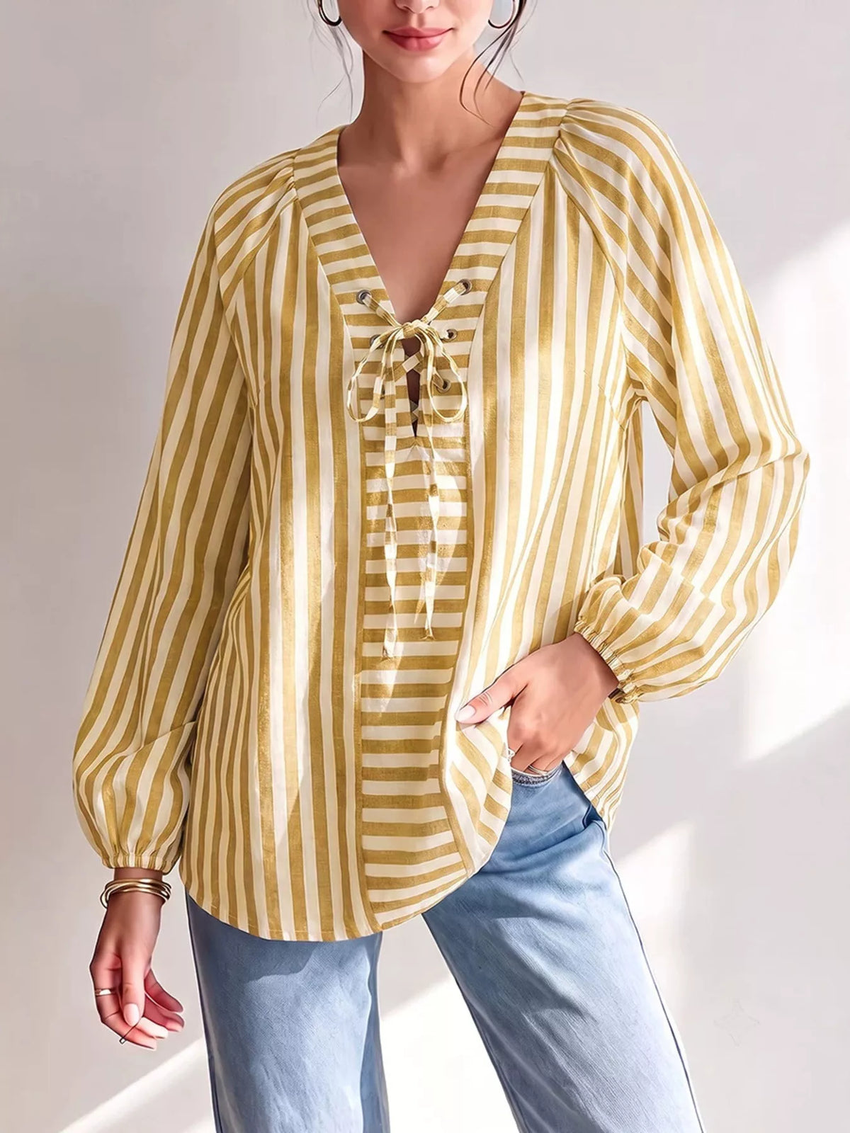 Striped Tie Front Long Sleeve Blouse - Lilixa.store
