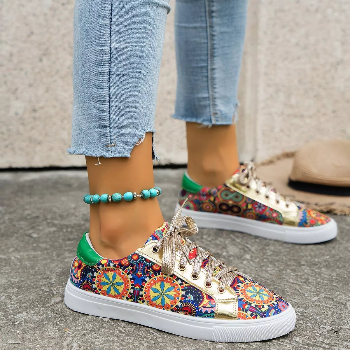 Printed Round Toe Sneakers - Lilixa.store
