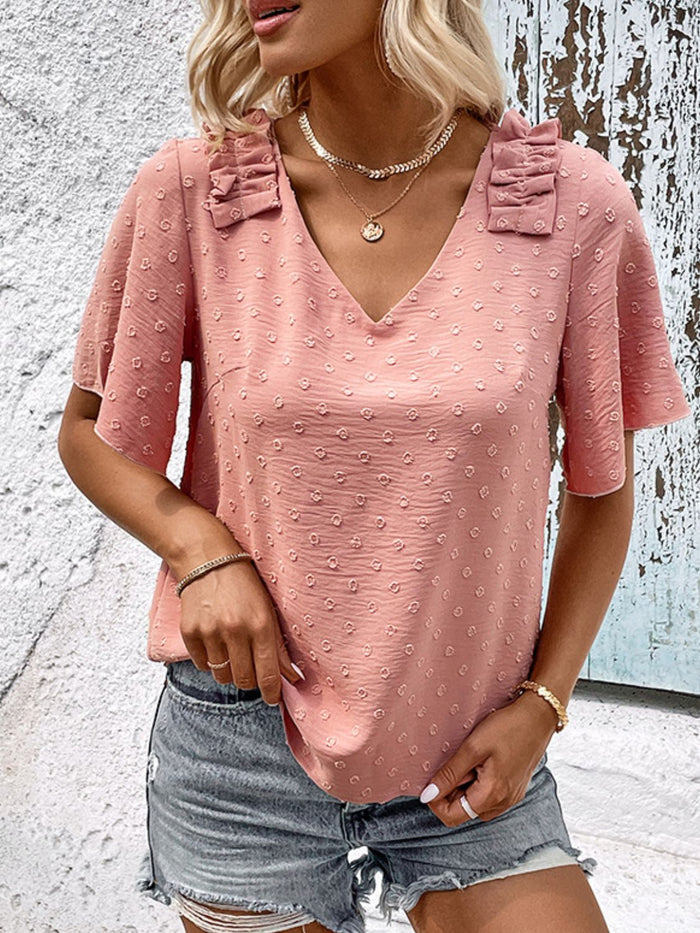 Perfee Swiss Dot Shoulder Detail V-Neck Blouse in Watermelon pink