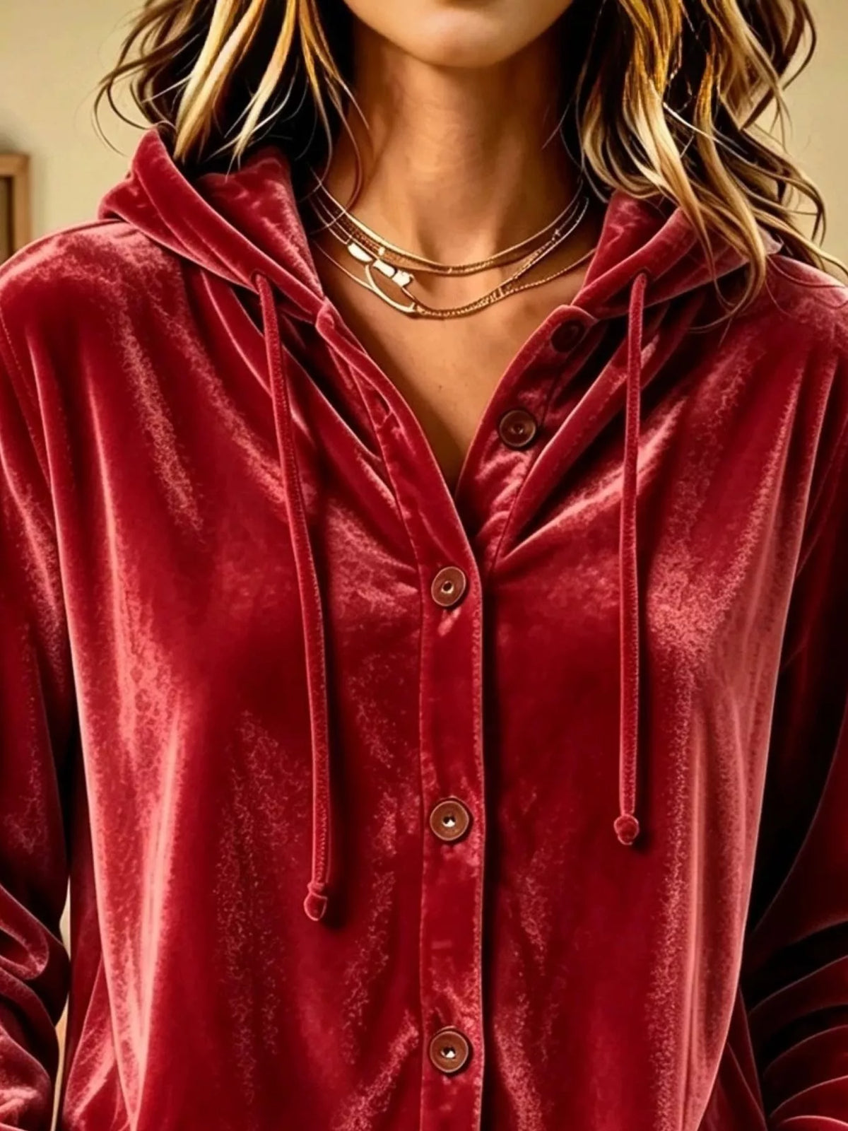 Full Size Velvet Button-Down Hooded Top Plus Size - Lilixa.store