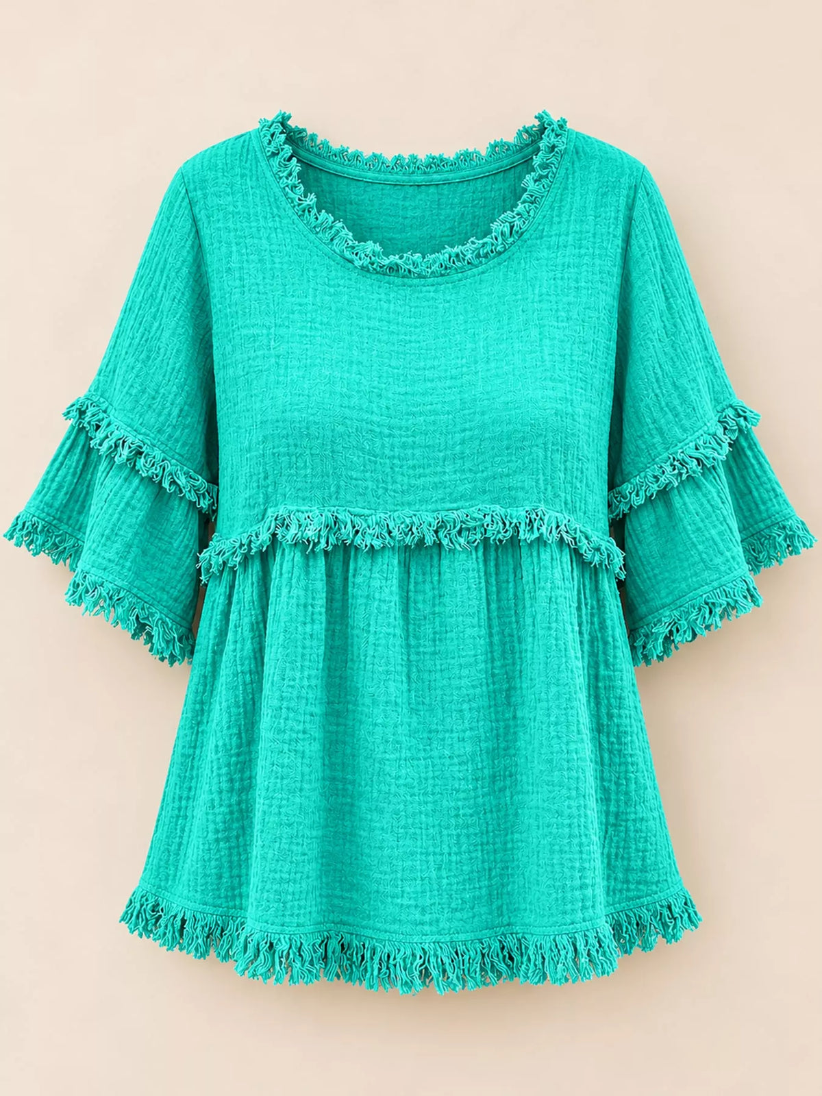 Full Size Frayed Edge Textured Blouse Plus Size in Emerald Green