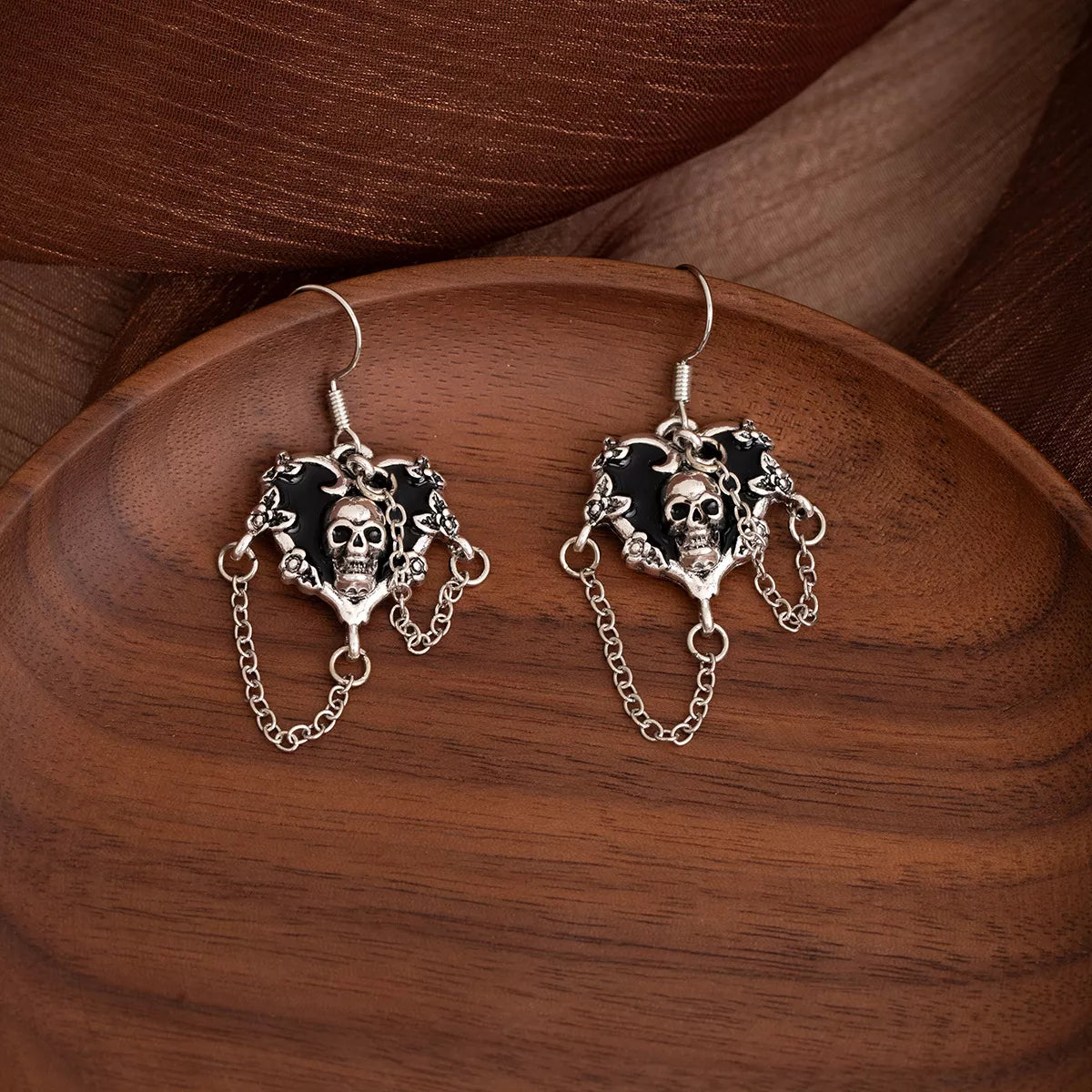 Halloween Alloy Heart Skull Earrings with Chain Detail - Lilixa.store