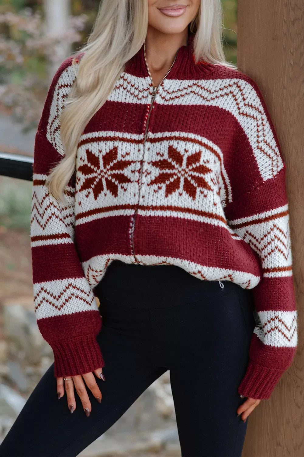 Geometric Pattern Zip-Up Knit Long Sleeve Regular Fit Cardigan - Lilixa.store