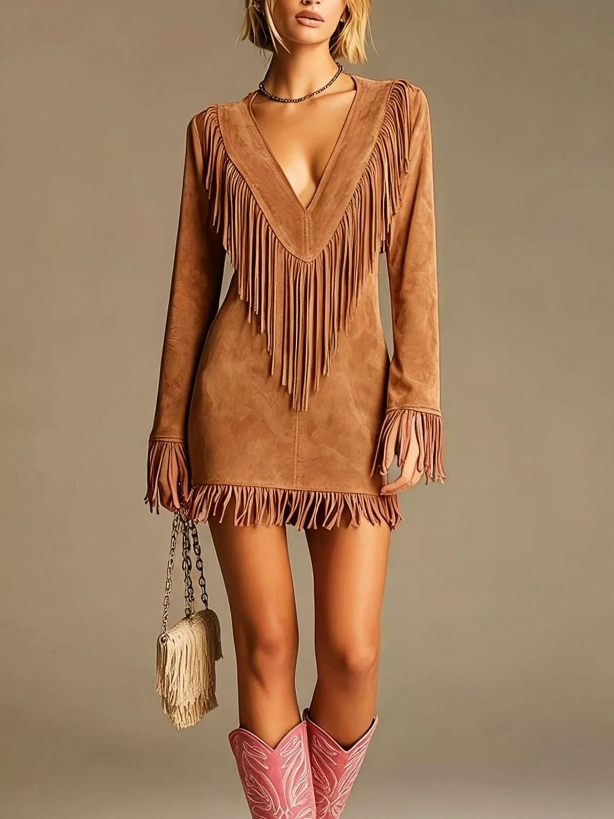 Boho Chic Fringed Suede V-Neck Mini Dress in Brown