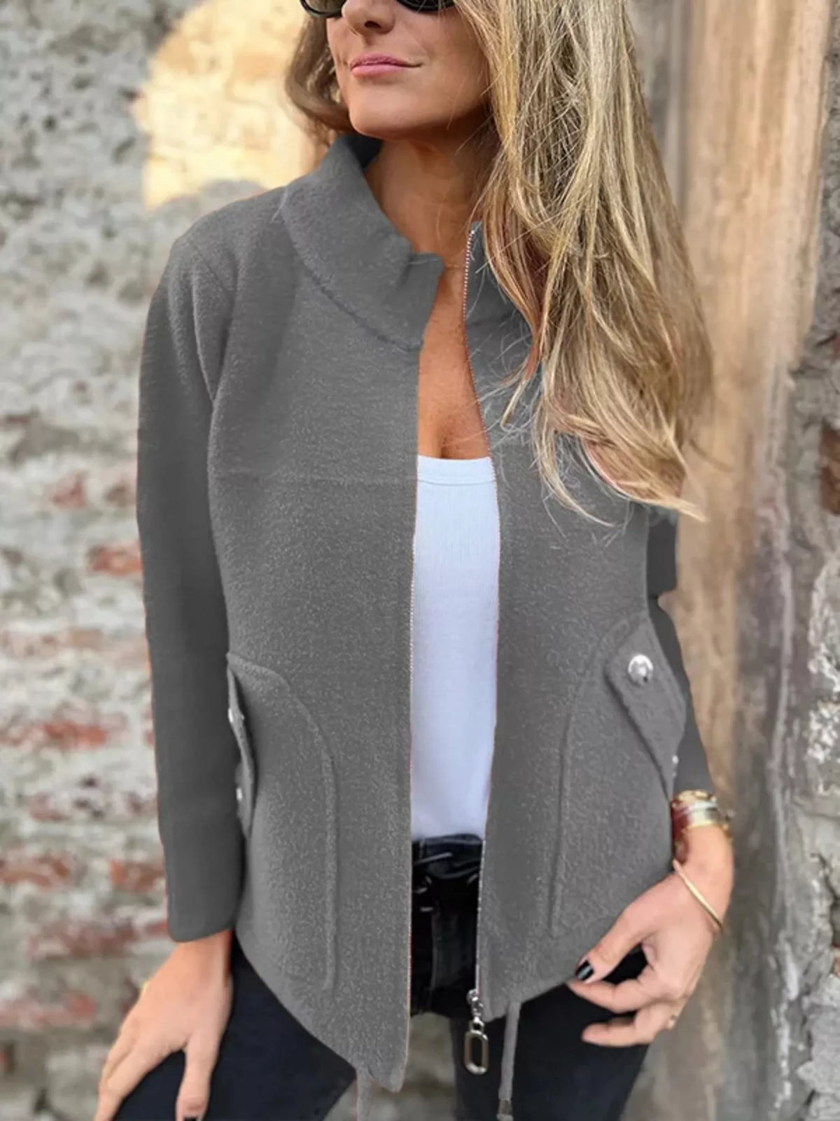 Full Size Textured Knit Zip Up Outerwear Plus Size in Gray