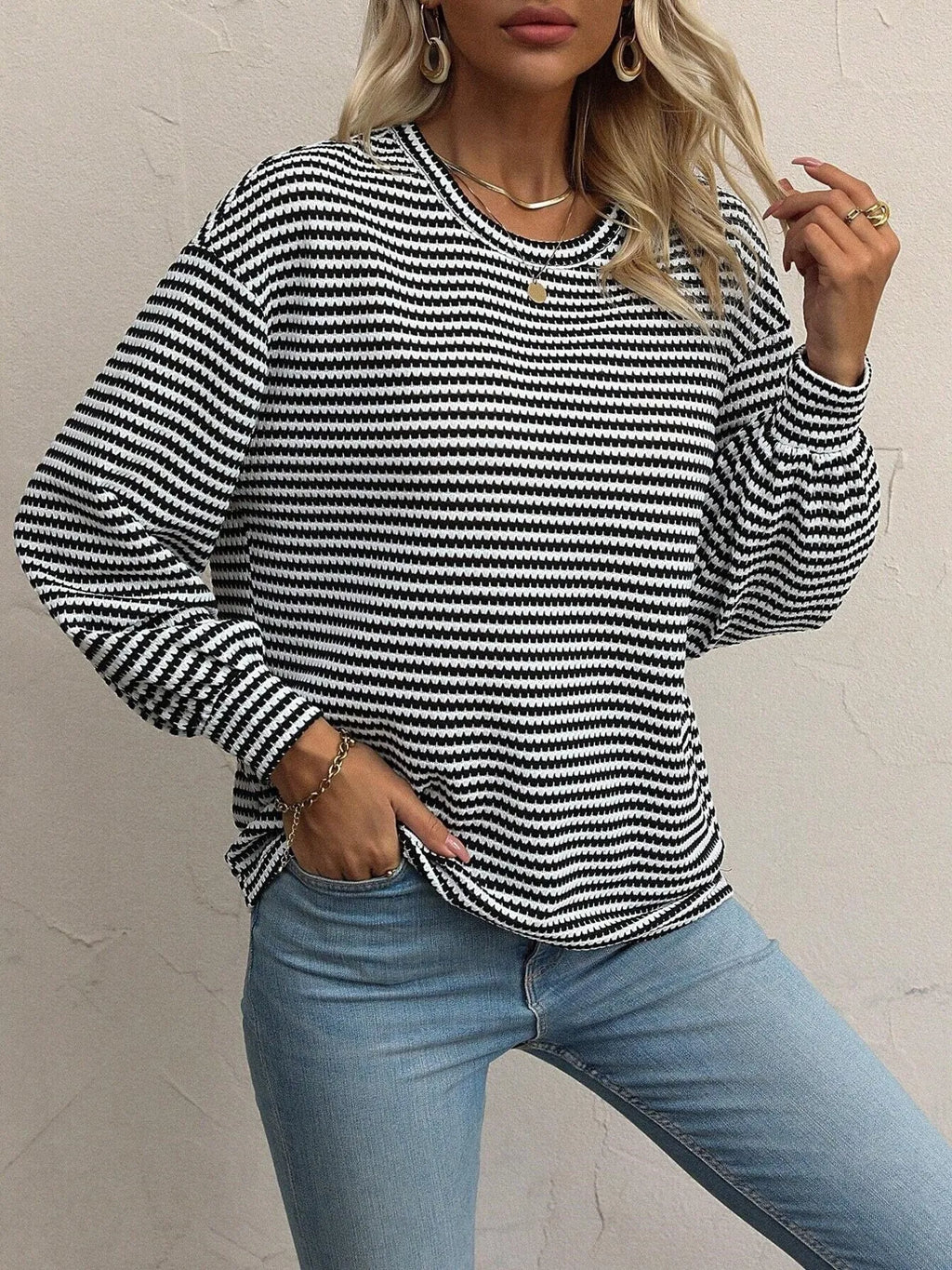 Striped Round Neck Lantern Sleeve Top - Lilixa.store