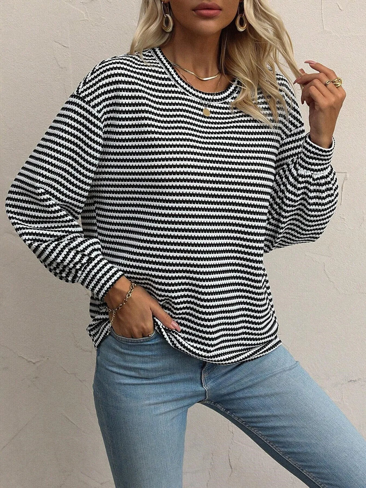 Striped Round Neck Lantern Sleeve Top - Lilixa.store