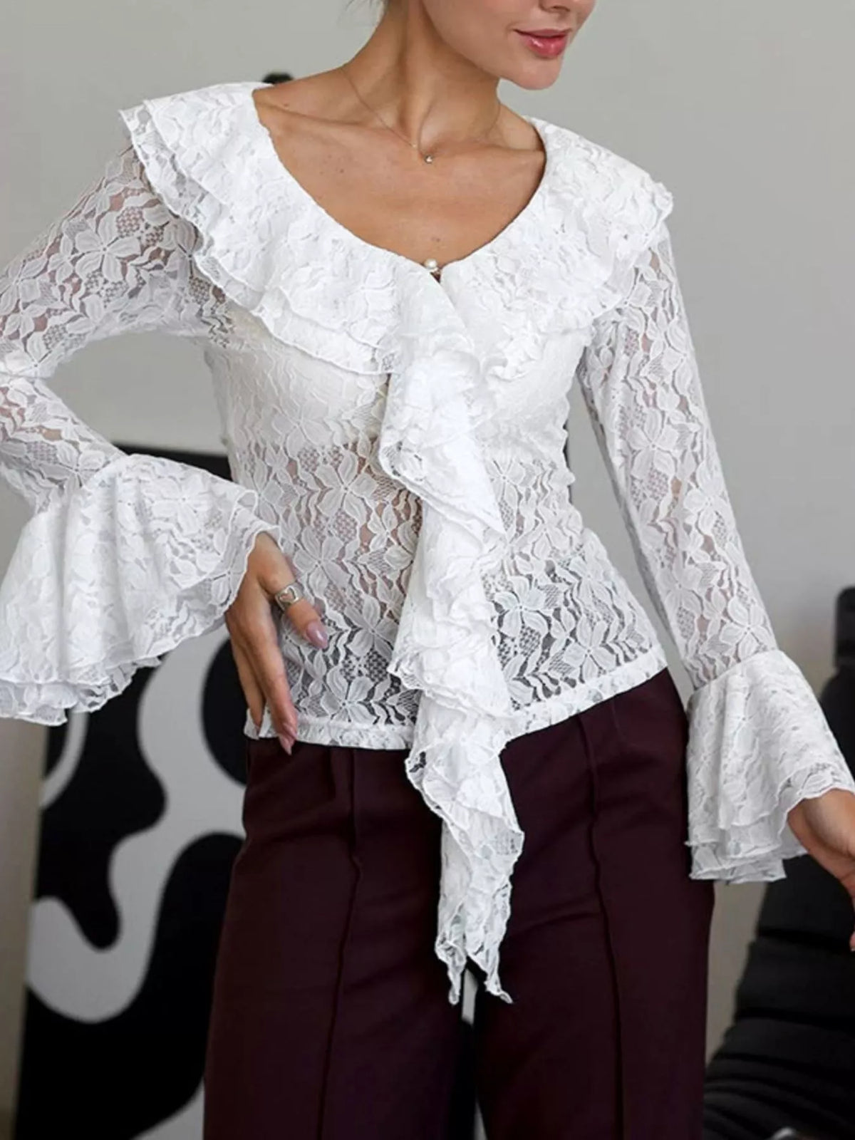 Lace V-Neck Flare Sleeve Blouse in White, view 3