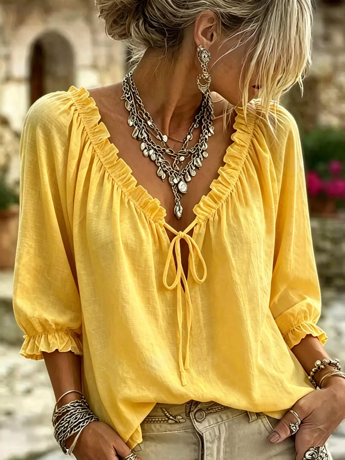 Frill Tie Neck 3/4 Sleeve Blouse - Lilixa.store