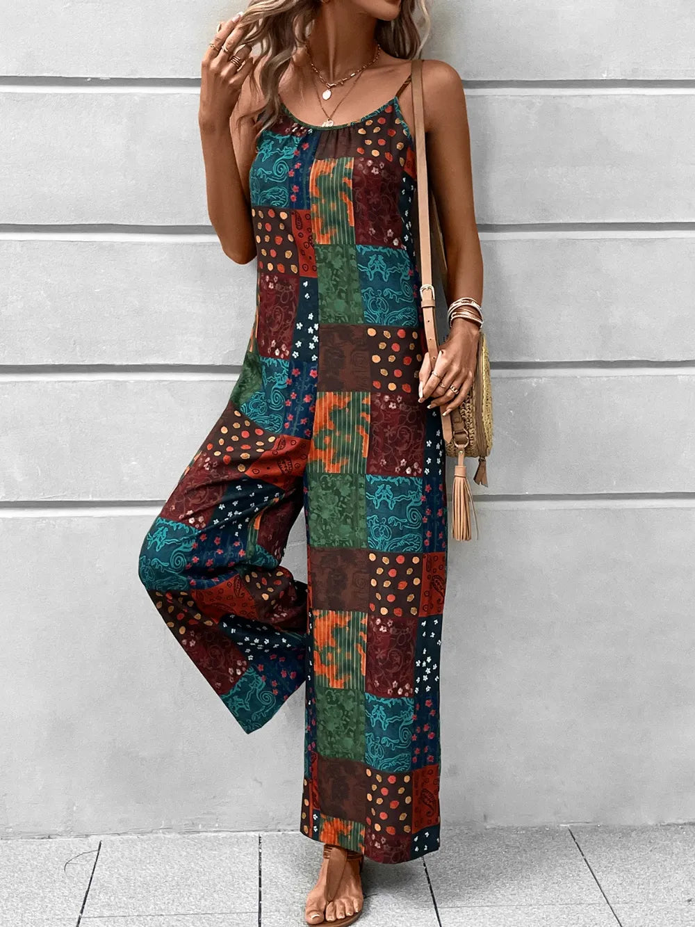 Printed Scoop Neck Spaghetti Strap Jumpsuit - Lilixa.store