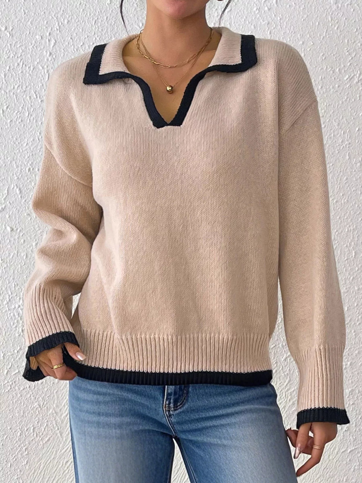 Contrast Trim Polo Collar Sweater - Lilixa.store