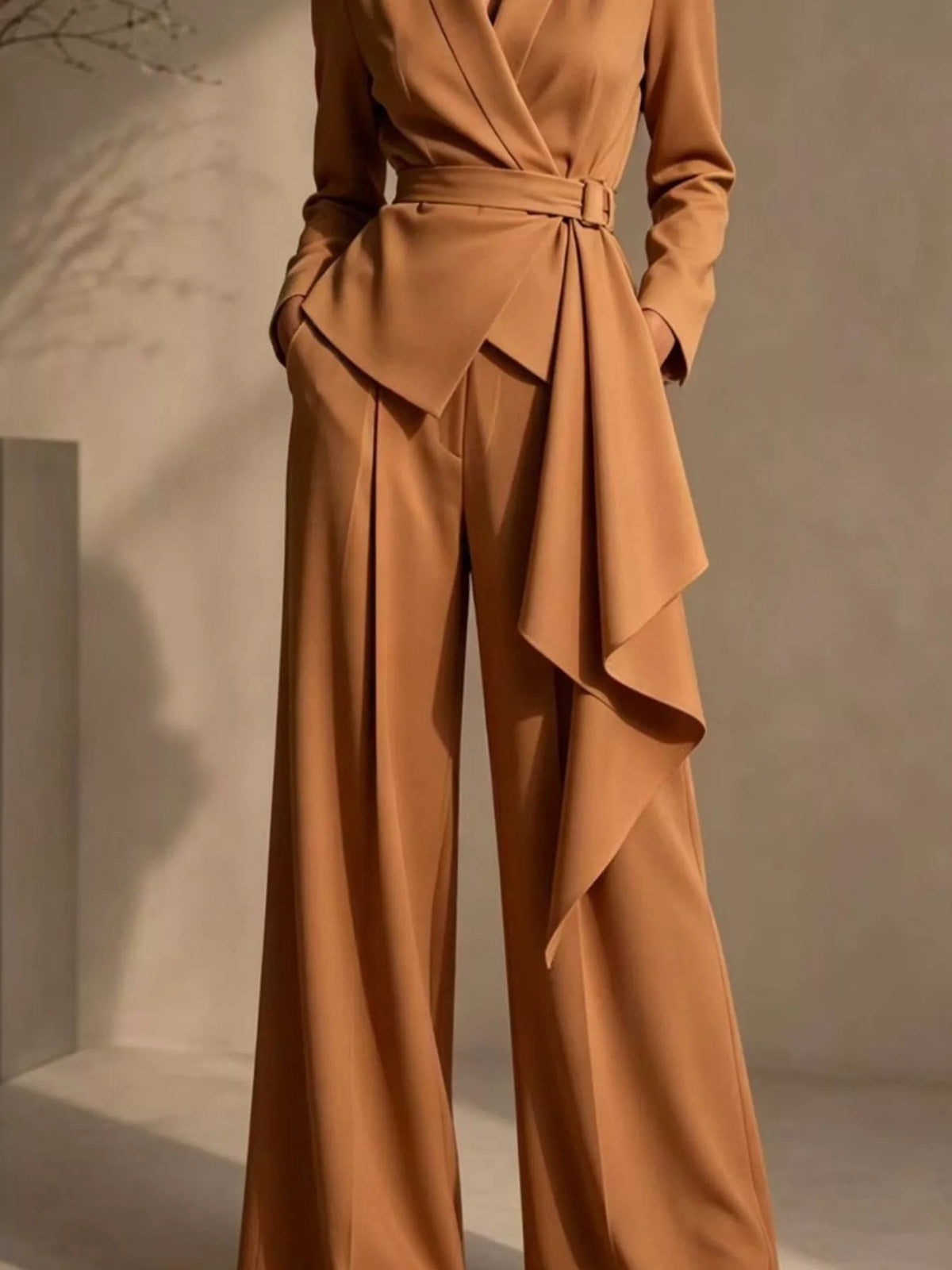 Full Size Belted Blazer and Wide-Leg Pants Set Plus Size - Lilixa.store