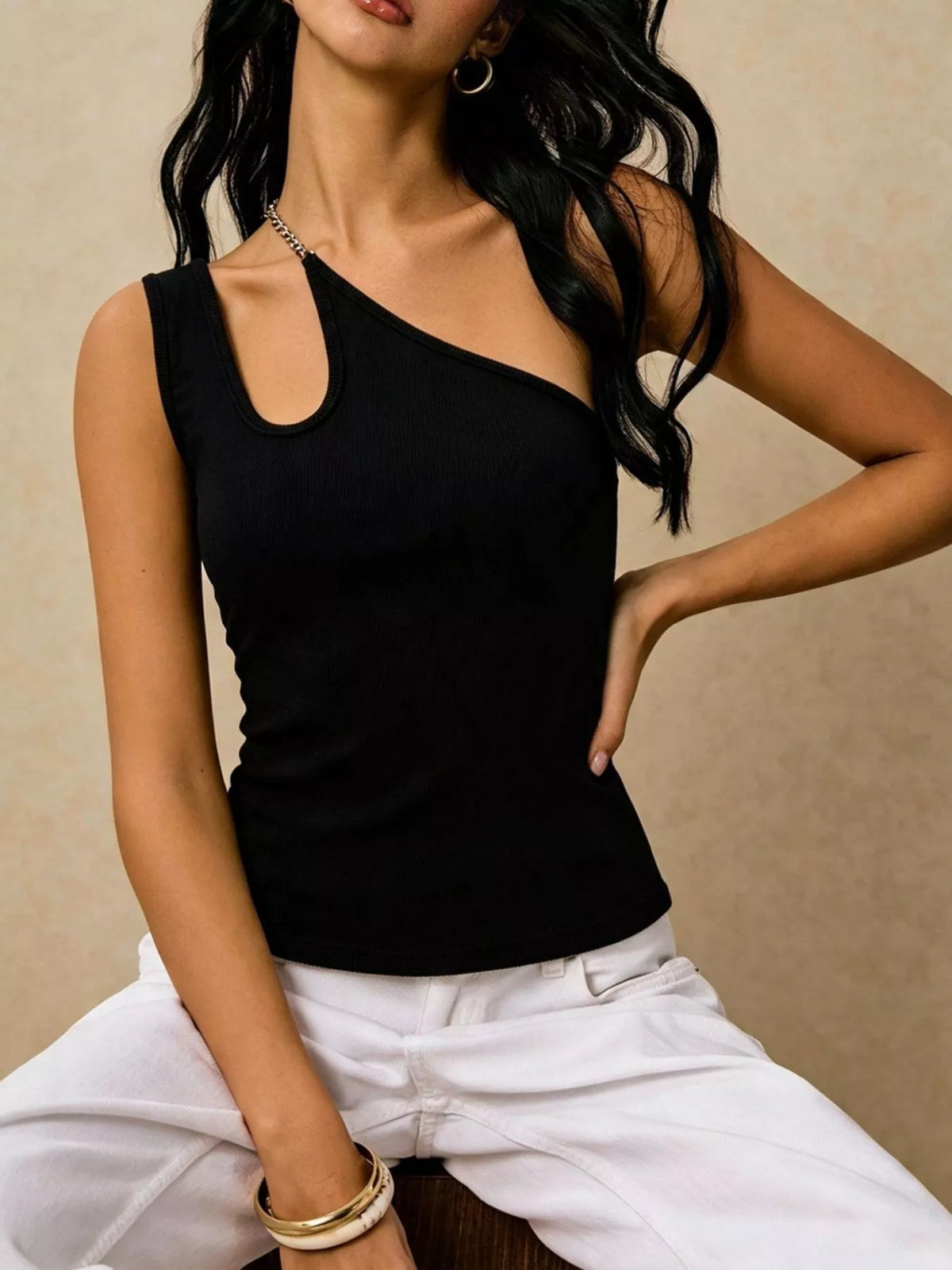 Cutout Asymmetrical Chain Strap Ribbed Tank - Lilixa.store