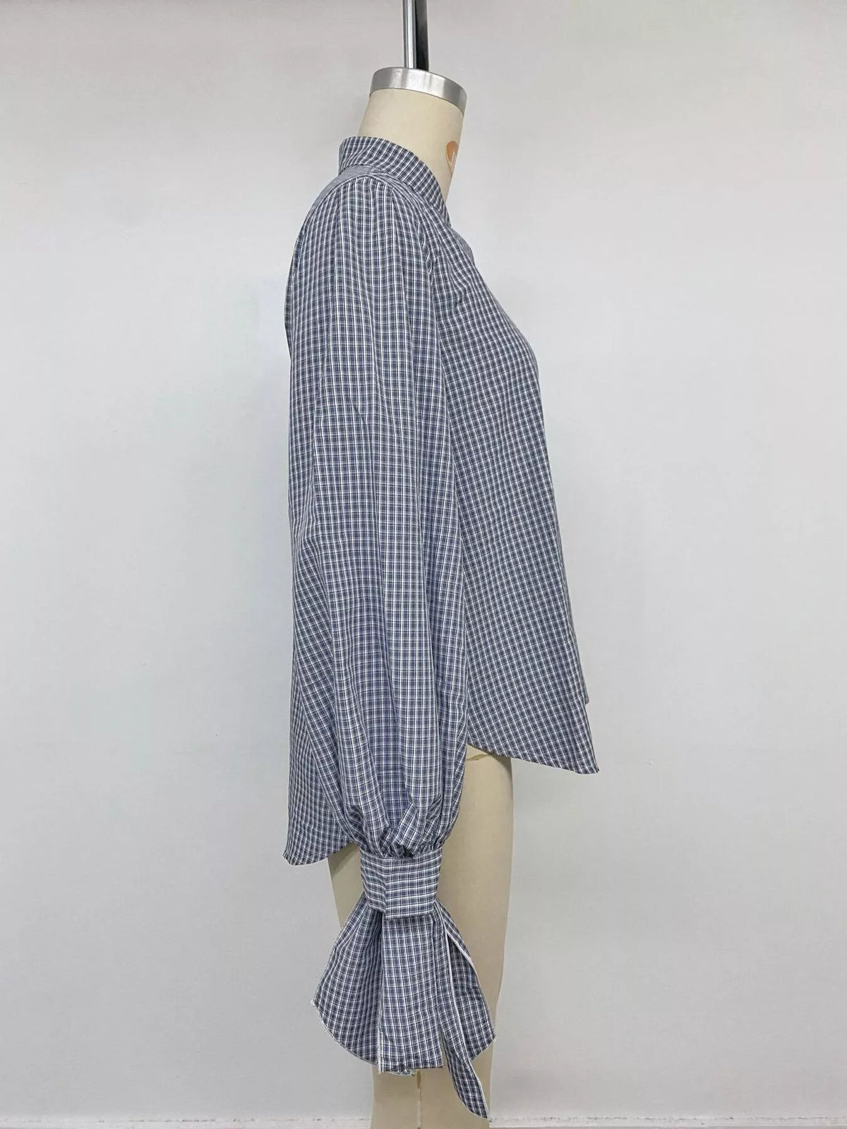 Gingham Button Up Shirt with Tie-Sleeve Detail in Navy, view 15