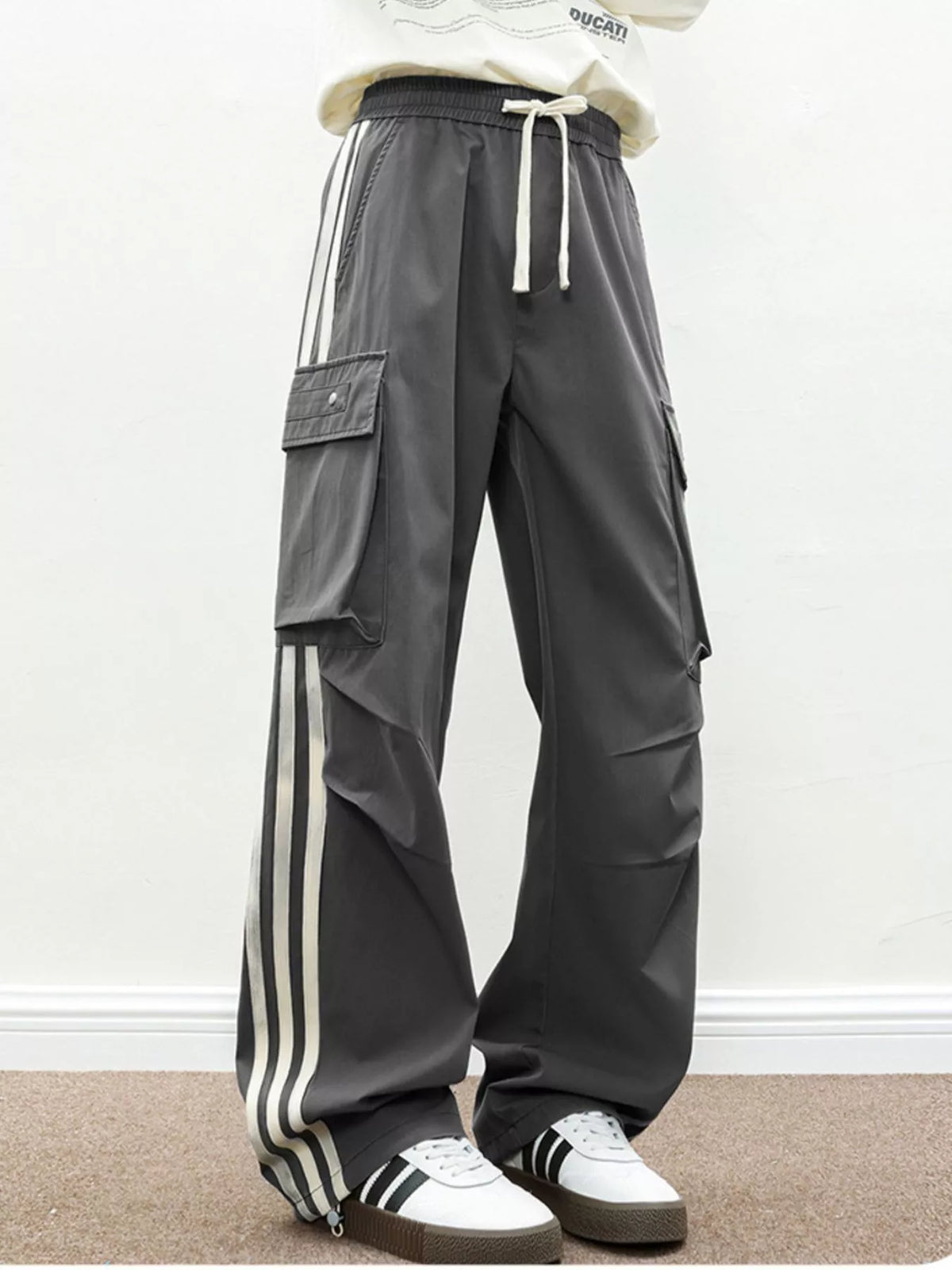 Men's Plus Size Casual Loose Cargo Pants with Side Stripes, view 3