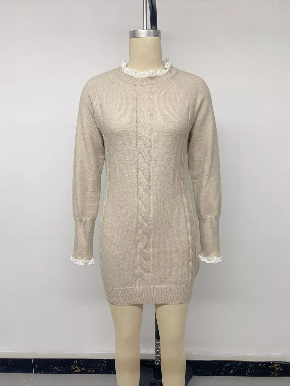 Cable Knit Raglan Sleeve Sweater Dress in Khaki, view 6