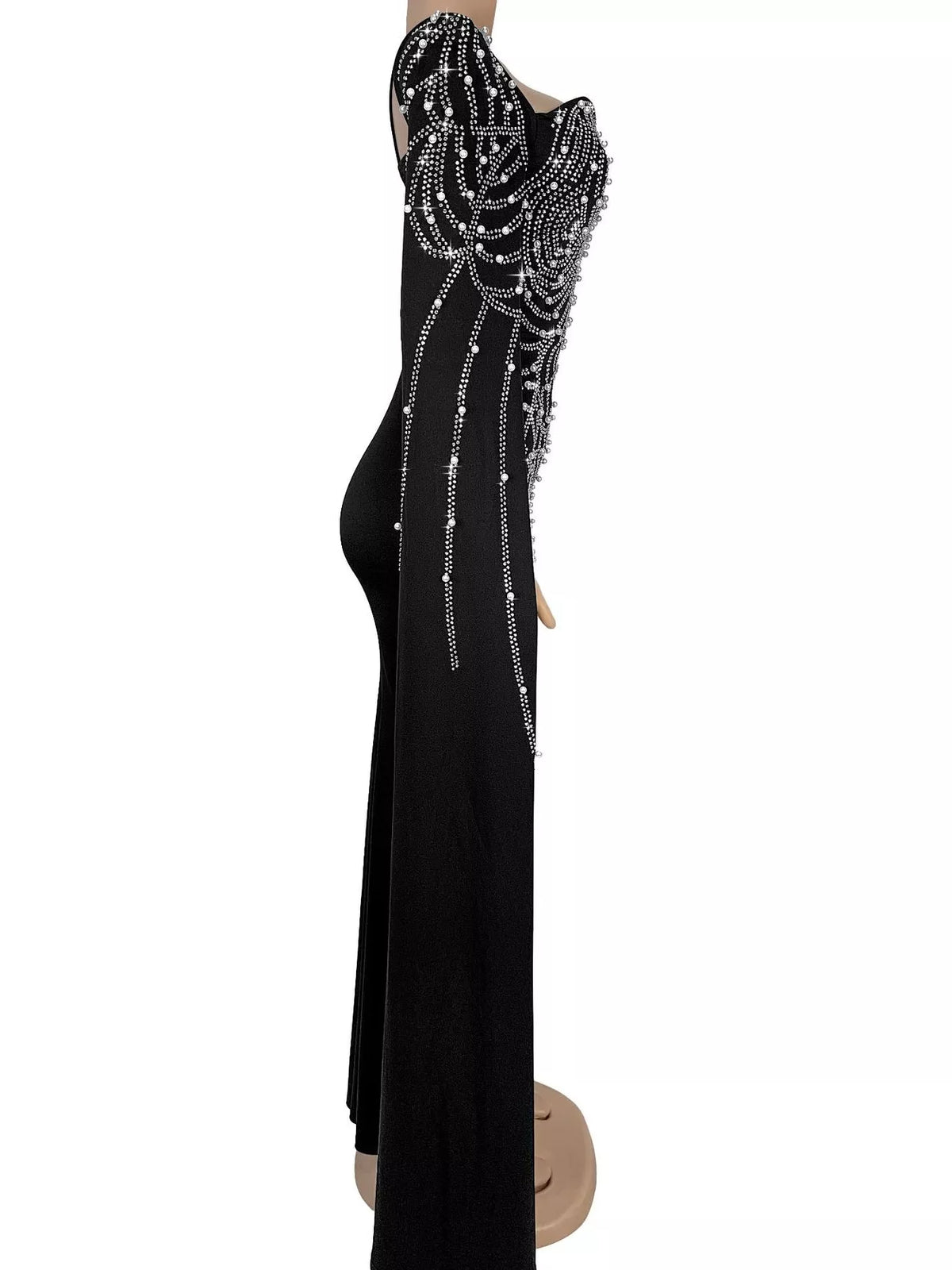 Rhinestone Pearl Detail One-Shoulder Mermaid Maxi Dress - Lilixa.store