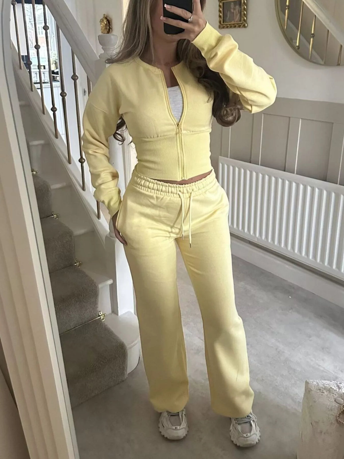 Zip-Up Crop Hoodie and High-Waisted Pants Set - Lilixa.store