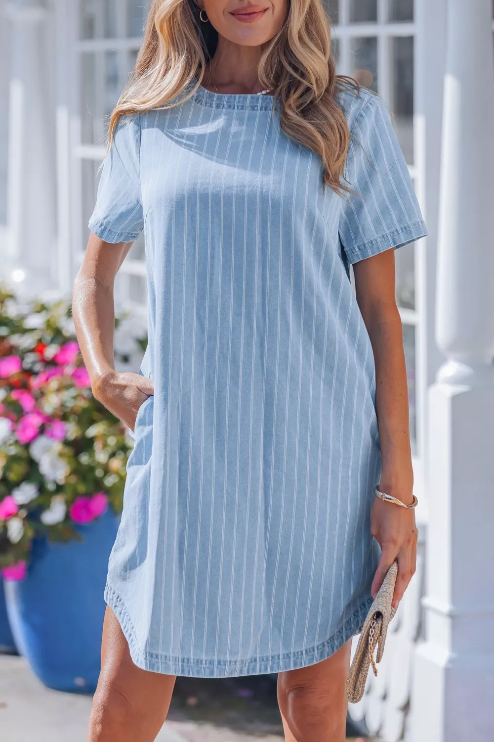 Stripe Buttoned Back T-Shirt Denim Mini Dress in Light Blue, view 3