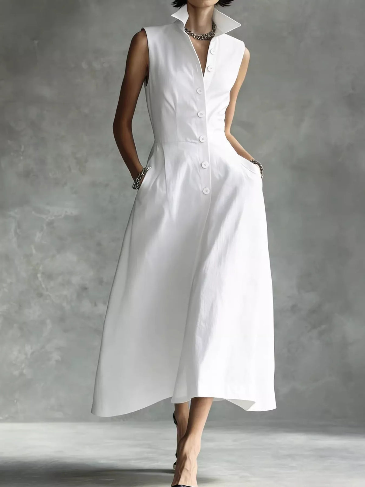 Sleeveless Button-Down Midi Shirt Dress, view 4