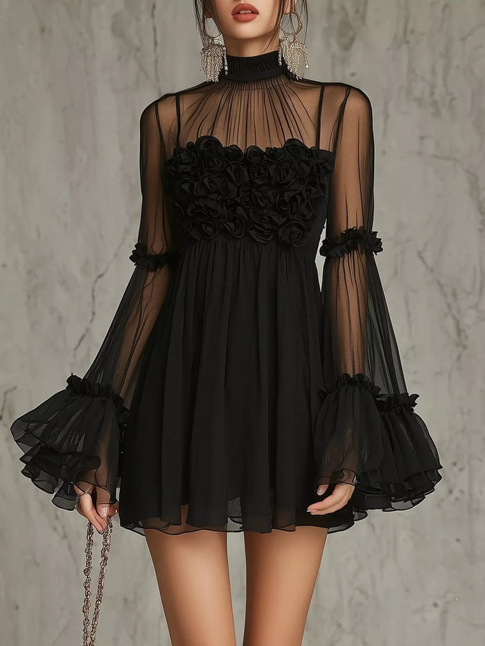 Sheer Mesh Flare Sleeve Mini Dress - Lilixa.store
