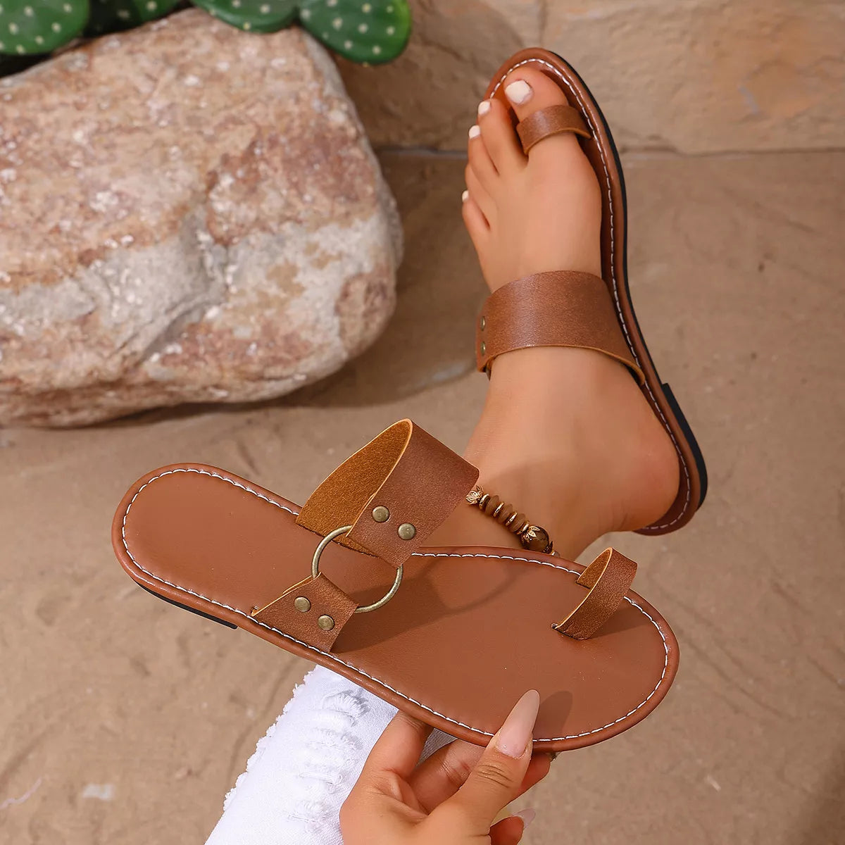Toe Loop Flats Sandals in Brown, view 6