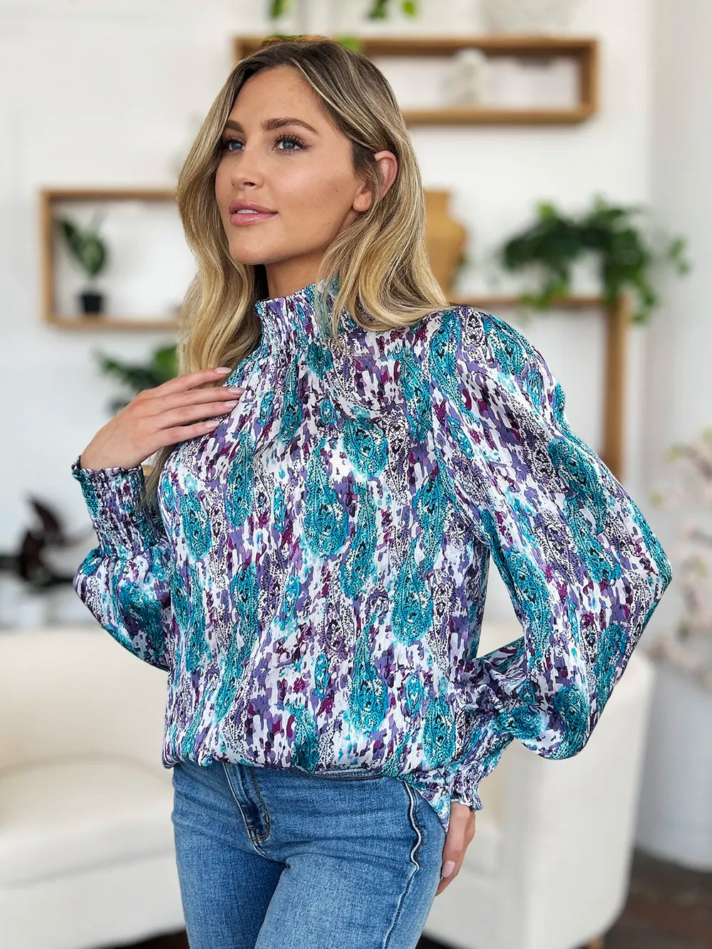 Double Take Full Size Printed Smocked Long Sleeve Blouse - Lilixa.store