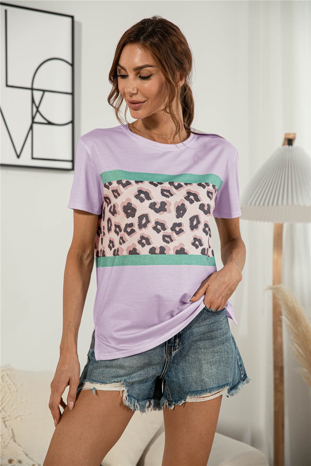 Leopard Color Block Side Slit Tee - Lilixa.store