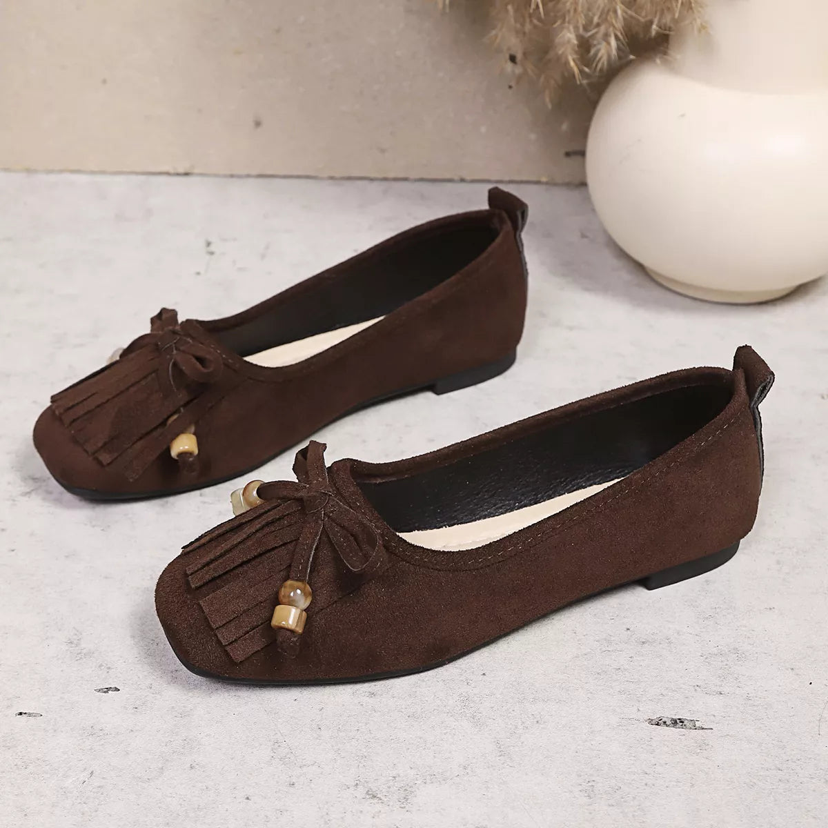 Suede Fringe Slip-Ons, view 3